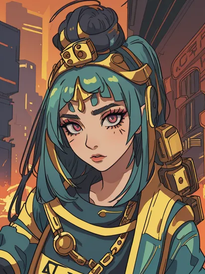 Cleopatra, reimaged in a cyberpunk universe, cyberpunk style, augmentation, cybernetics, cinematic scene, hero view, action pose, gorgeous, colorful makeup, extremely detailed face, extremely detailed eyes, beautiful 8k, masterpiece, best quality, high quality, absurdres, vivid