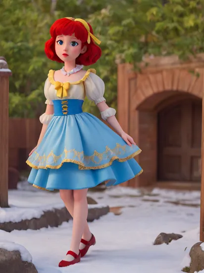 1girl, realistic, solo, , snow white , (masterpiece:1.2), best quality,  outside, blue and yellow dress, red hair bow, nsfw