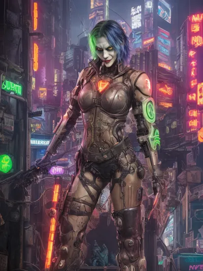 joker +in a dystopian cyberpunk city, 
Green hairs,
orange neon suit-like cyborg armor,
holding a joker bomb with red neon smile painted on it,
cyborg modification,  
cyberpunk armor, 
cyborg, fighting pose, 
( sharks cyborg), 
neon shark sign
Gangster, 
(blue neon tattoos:1.2), 
mad smile, 
joy, 
looking at the camera, 
cyber visor, 
steampunk,
dark misty street, 
wearing cyberpunk armor, 
neon signs, misty,
 cyborg purple eye, 
cyborg arm, 
exposed leg, 
neon on body, 
sfw