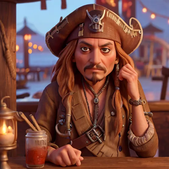 closeup of an 86 years old captain Jack Sparrow in a pirate bar, tired and exhausted by the world, 8k, uhd, realistic, detailed skin, insane detailed, award-winning-photo