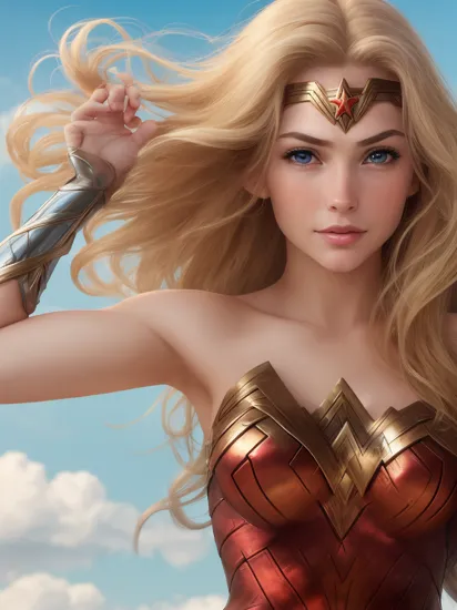 wonder woman, (view from below:1.1), hovering in sky, sky background, beautiful face, long blonde hair, windy hair, blue eyes, sky background, hdr, 8k, raw photography,
(high detailed skin:1.1)
thoughtful | seductive smile | confident | surprised
(nice hands, good hands) 