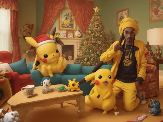 Snoop Dogg with his Pikachu in a living room xmasize 