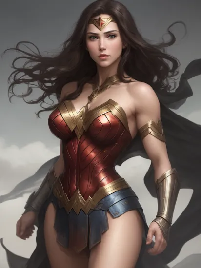 wonder woman, (pretty face:1.2), (finely detailed face and beautiful eyes),  mature female, muscle, bare hands, (armlet, armored dress, bracer, head ring ), (black eyes, black long hair, messy hair, floating hair), (long proportional legs), jim lee,  , (best quality:1.1),(clear background:1.2), dark_fantasy, wind,  35mm lens, f/1.4, 8K, ((masterpiece)),  trending on Artstation, DeviantArt, Mucha, Rutkowski, artgerm