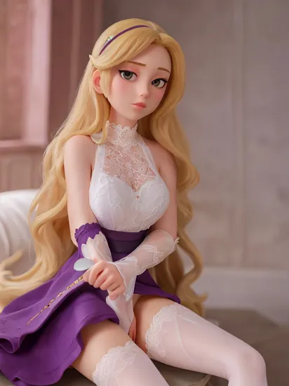 masterpiece, extremely detailed, (realistic:1.1), portrait, 1girl, rapunzelwaifu, black eyeliner, smug, (extremely long:1.2) messy blonde hair, purple dress, white panties, lace stockings, sitting, (spread legs, thigh gap:1.2), skirt lift,     