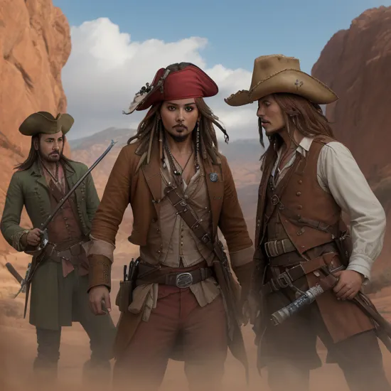 photo of, HDRI, man red rock soldier and Captain Jack Sparrow duels fighting with British soldier,  n3wp1r4t3, rapier, smoke, fighting, knife, smoke, fighting, on deck, extremely detailed face eyes hands, perfect hands