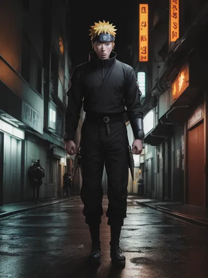 photograph, naruto uzumaki with right hand holding big ninja shuriken, robotic arm, Moonlight, Canon R5, Cyberpunk, neon noir, (dark:1.2), rainy streets, high contrast, low light, vibrant, highly detailed