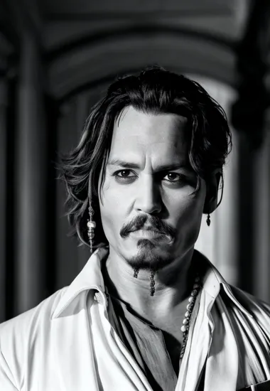 Johnny Depp, Classic allure man @JohnnyDepp, slicked-back hair, light blazer, looking off into the distance, vintage feel with soft grain, old-world architecture faintly in the background, timeless monochrome palette, reminiscent of old Hollywood glamour.