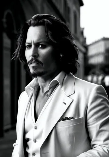 Johnny Depp, Classic allure man @JohnnyDepp, slicked-back hair, light blazer, looking off into the distance, vintage feel with soft grain, old-world architecture faintly in the background, timeless monochrome palette, reminiscent of old Hollywood glamour.