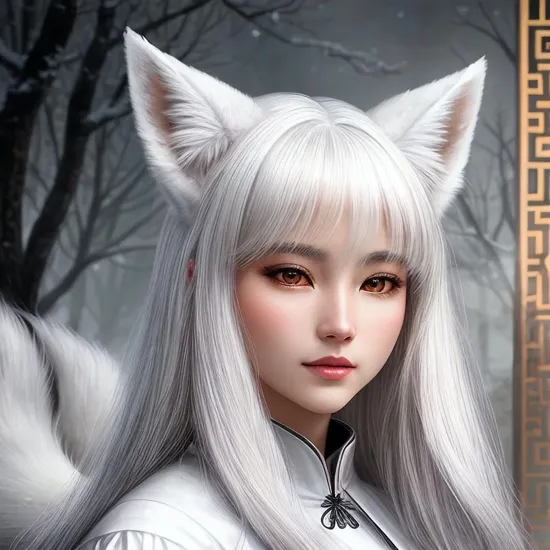 This is a lifelike portrait of a white fox with a half woman face, derived from Chinese mythology and legend. The white fox is regarded as a mysterious and sacred being, possessing extraordinary intelligence and magical powers. In this portrait, the eyes of the white fox are deep and bright, emitting a mysterious light, as if they can peer into the depths of the human heart. Its hair was soft and white, and seemed to flutter gently in the breeze. The portrait background is dark and charming, emphasizing the mysterious and supernatural properties of the white fox. This portrait presents the image of the white fox in traditional Chinese mythology, showing its mysterious and sacred temperament, which makes people fall for it. --ar 3:4 --s 300 --v 6.0

with a half woman face / with a woman face / with human face
