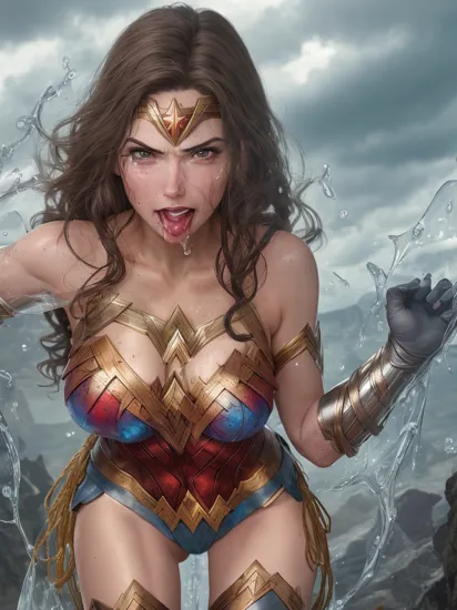 Wonder Woman infected, Parasited, clear slime, slime dripping from mouth, cloudy eyes, evil grin, 
 