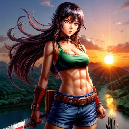 In a makima , Chainsaw man theam ,  toon world style warrior girl with super pawer , Long hair ,Stylis hair style, angary  pose , Sunset ,Hills ,River in background, Cinematography