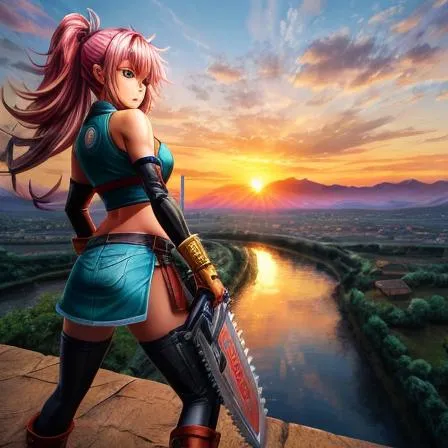 In a makima , Chainsaw man theam ,  toon world style warrior girl with super pawer , Long hair ,Stylis hair style, angary  pose , Sunset ,Hills ,River in background, Cinematography