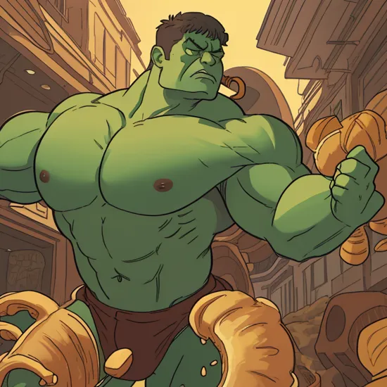 Croissant-carving,a realistic FIGHTING HULK entirely from croissants,realistic style,cinematic feel,,