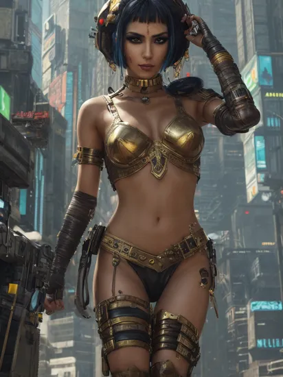 Cleopatra, reimaged in a cyberpunk universe, cyberpunk style, augmentation, cinematic scene, hero view, action pose, gorgeous, colorful makeup, extremely detailed face, extremely detailed eyes, beautiful 8k, masterpiece, best quality, high quality, absurdres