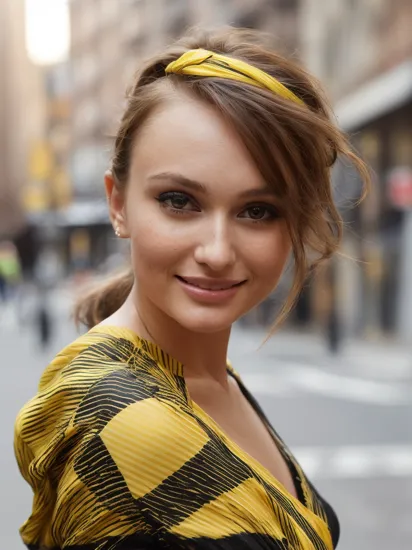 (LeightonMeester:0.9), modelshoot, pose, portrait, (Manhattan street corner, street fashion, street photography), (yellow and black striped dress:1.2), (closeup on head and shoulders), smile:1.5, bold colors, sunset, pastel sky, July, hot, humid, sweat, high heels, ((masterpiece, best quality, extremely detailed, perfect body, perfect face:1.2)), , 