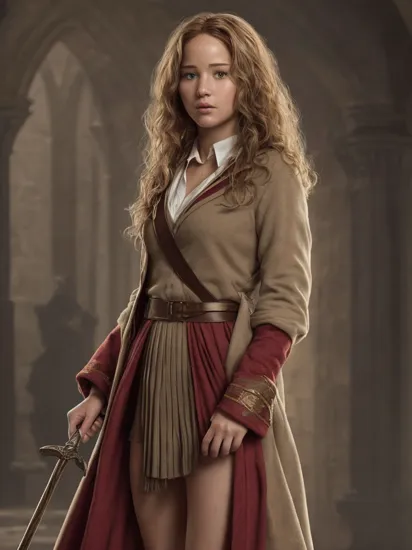 A stunning digital painting of (jennifer lawrence:1.0),solo, (middle shot:1.4), realistic, masterpiece, best quality, high detailed, (As Hermione Granger from the Harry Potter series, clad in her Hogwarts school uniform with a Gryffindor tie and robe, her wand at the ready. She stands in the halls of the magical castle, her intellect and loyalty shining through as she prepares to face challenges with her friends Harry and Ron.:1.1),(in the style of Moebius:1.1),epic fantasy character art, concept art, fantasy art,  fantasy art, vibrant high contrast,trending on ArtStation, dramatic lighting, ambient occlusion, volumetric lighting, emotional, Deviant-art, hyper detailed illustration, 8k, gorgeous lighting, ,vamptech ,(full height portrait:1.8),(Straight, shoulder-length hair styled in a sleek and sophisticated look, with a side part and just a hint of wave at the tips.:1.2)