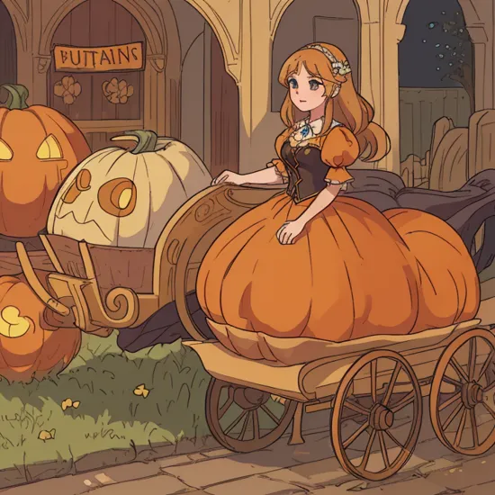 beautiful mystical digital painting a beautiful  cinderella standing in front of a pumpkin carriage with horses  by artgerm and arthur hughes