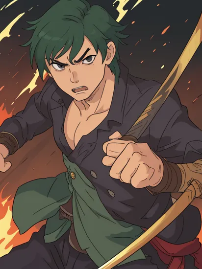 1boy, male focus, muscular male, roronoa zoro, angry looking, katana, samurai, (one eye closed), holding sword, intricate, 8k, (fighting other characters:1.2), scar across eye, glowing eyes, glowing, (masterpiece), (extremely intricate:1.3), (realistic), dark intense shadows, sharp focus, cinematic lighting, hdr, colorful, green hair, warfare, on fire background, battle field, (universe)  