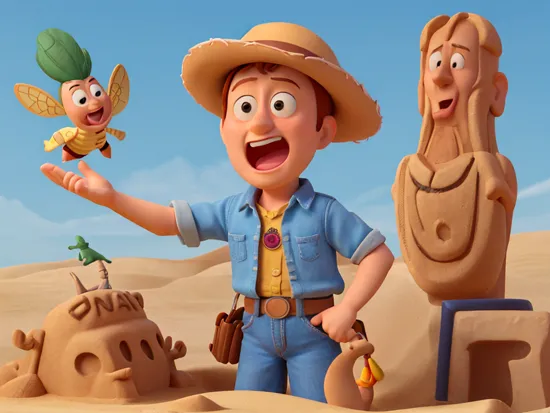 In a sand sculpture style,  Woody yelling at buzz "YOU ARE NOT A TOY!" in the Toy Story movie from 1995, keyframe famous scene