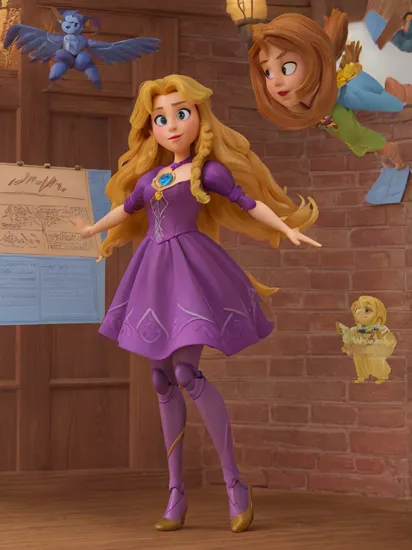 (Dutch angle:1.3), (ActionFigureQuiron style), solo, Rapunzel (Tangled): Rapunzel's long golden hair, purple dress, and adventurous spirit make her a favorite Disney princess character to cosplay., box art,
action figure box, weapon, no humans, (reference sheet:1.4), power armor, concept art,
