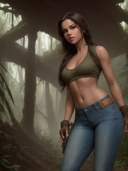 a beautiful cinematic masterpiece portrait of selena gomez as lara croft from tomb raider, covered in dirt, treasure hunter, ((normal shirt, jeans)), with a complex jungle  background with ancient jungle ruins, by gil elvgren, by frank frazetta, by greg rutkowski, trending on artstation, featured on pixiv, hyper detailed, beautiful studio lights, intricate elegant digital painting, cinematic composition, dramatic pose, smooth, sharp focus, (((professional photography))),dappled light, romantic, HDR, highly detailed, hasselblad, 8k, hyper realistic, eye level shot, f1.4 aperture, 8mm film grain, cinestill 800