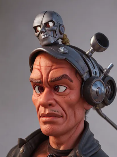 portrait, marionette, terminator, one eye cyborg and skin face, arnold schwarzenegger, metal plates, 
