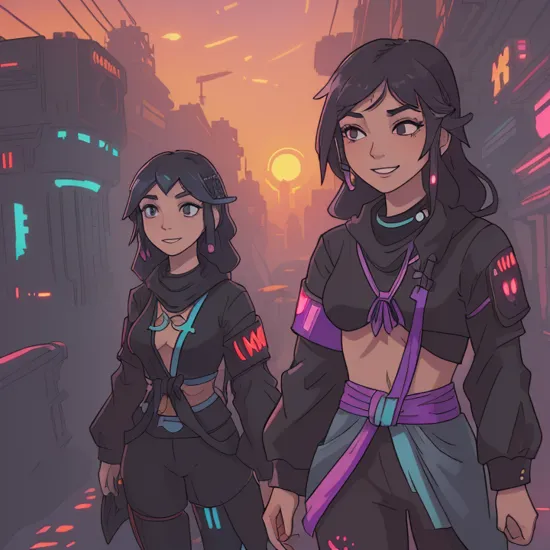 (absurdres, highres, official art, beautiful and aesthetic:1.2),1girl, smile, (jasmine \(disney\):1.3), glowing brown eyes, black hair, (very long multi-tied hair:1.3), medium breasts, (futuristic_cyberpunk arabian clothes:1.4), outdoors, hologram, (cyberpunk, futuristic theme:1.3), sunset, clouds, upper body, , ,  , 