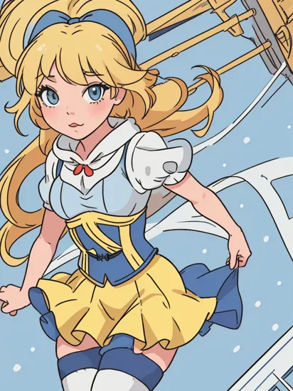 best quality, ultra-detailed, (1girl, solo,   , Disney princess snow white, , tight blue corset, , yellow skirt, red bow,  miniskirt, white thighhighs,  , one eye visible through hair, :3, blonde hair), on a construction site