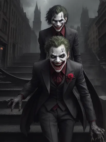 Joker Dancing on stairs, , Detailed face, crazy laughing, high detail, sharp focus, moody, smokey, hyperdetailed, 8k, frostbite 3 engine, cryengine, dof, trending on artstation, digital art, city in the background, psycho, psychopath, red suit, super detailed hair. ((LONG SHARP TEETH)), CGI, Perfect, Gloomy, Dark knight,