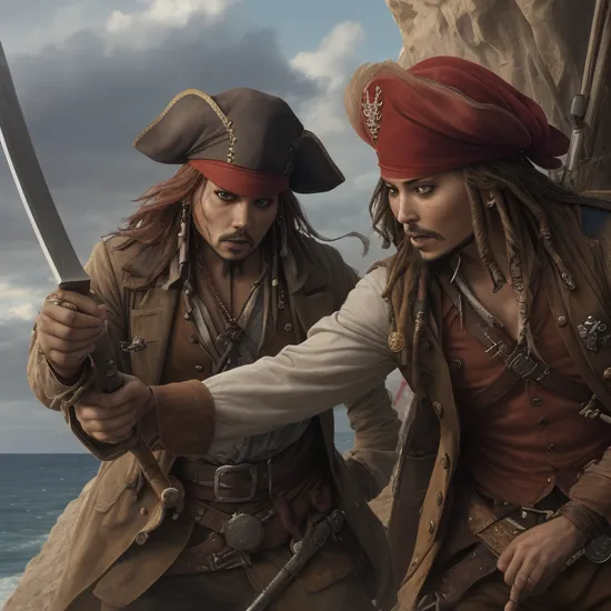 photo of, Point-of-view shot, man red rockwor soldier and Captain Jack Sparrow duels fighting with British soldier,  n3wp1r4t3, rapier, smoke, fighting, knife, smoke, fighting, on deck, extremely detailed face eyes hands, perfect hands