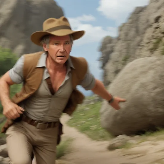 (Harrison Ford:1.1) as Indiana Jones, hat, running away from a rolling giant boulder in ancient ruins, blurry, movie still, motion blur