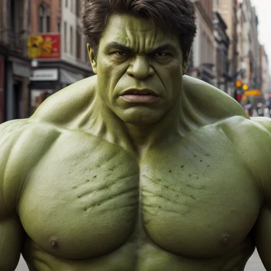 hulk, realistic portrait, brooding and intense, upper body, streets, day, background filled with intricate details, masterpiece, absurdres, best quality, photorealistic 