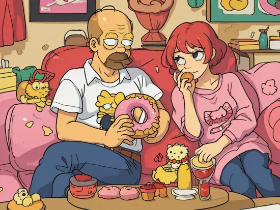 Homer Simpson and Hello Kitty eating doughnut on a sofa