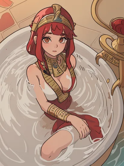 cinematic photo of realistic portrait of Cleopatra (emerging from the milk of a bath:1.5) with wet (red dress:1.5) and hair, (pharaoh headdress:1.5), (Egyptian eyeliner:1.5), hypnotic gaze, eyes turned toward the camera, light shimmering on the surface of the milk during the golden hour, outstanding landscape in the blurred background, soft box illuminating the silhouette. Photographed in the realistic style with warm tones and high definition quality, 35mm photograph, film, bokeh, professional, 4k, highly detailed