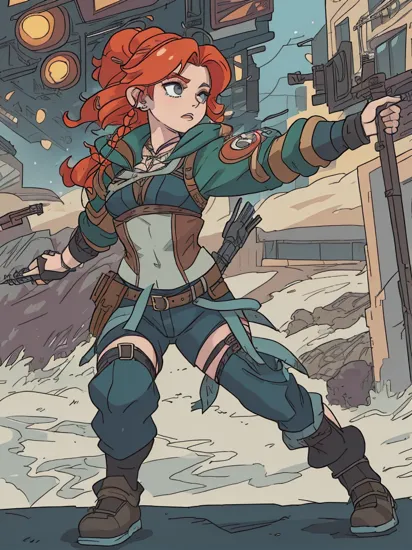 (Merida:1.3) from movie 'Brave' as a cyberpunk character, full body view, (punk hairstyle:1.1), cybernetic body parts, (cyberpunk viking outfit:1.2), action pose, with bow and arrow, dystopian city street background,   cyberpunkai, neon, detailed, sharp, HD, HDR, masterpiece, best quality, best resolution, splashscreen, cinematic lighting, depth of field, epic, dramatic, sfw, full outfit