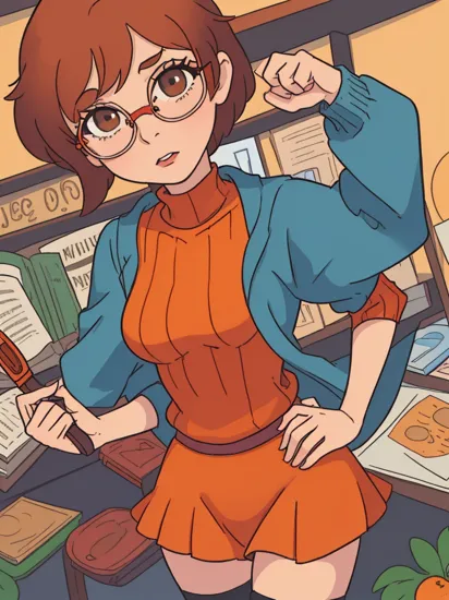 (masterpiece, best quality:1.1), 1girl, solo, (velma dinkley:1.1), from scooby-doo, where are you, medium breasts, orange and red, short brown hair, orange turtleneck sweater, red skirt, knee-high socks, glasses, magnifying glass, confident pose, inquisitive expression, library setting, looking at viewer, hands on hips
