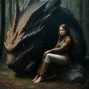 A woman sitting on a rock next to a dragon in the woods with her head turned to the side, Clint Cearley, epic fantasy character art, a character portrait, fantasy art, RAW candid cinema, 16mm, color graded portra 400 film, remarkable color, ultra realistic, textured skin, remarkable detailed pupils, realistic dull skin noise, visible skin detail, skin fuzz, dry skin, shot with cinematic camera, RAW candid cinema, 16mm, color graded portra 400 film, remarkable color, ultra realistic, textured skin, remarkable detailed pupils, realistic dull skin noise, visible skin detail, skin fuzz, dry skin, shot with cinematic camera