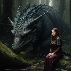 A woman sitting on a rock next to a dragon in the woods with her head turned to the side, Clint Cearley, epic fantasy character art, a character portrait, fantasy art, RAW candid cinema, 16mm, color graded portra 400 film, remarkable color, ultra realistic, textured skin, remarkable detailed pupils, realistic dull skin noise, visible skin detail, skin fuzz, dry skin, shot with cinematic camera, RAW candid cinema, 16mm, color graded portra 400 film, remarkable color, ultra realistic, textured skin, remarkable detailed pupils, realistic dull skin noise, visible skin detail, skin fuzz, dry skin, shot with cinematic camera