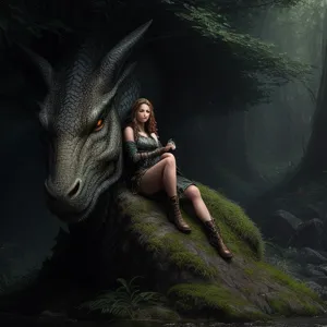 A woman sitting on a rock next to a dragon in the woods with her head turned to the side, Clint Cearley, epic fantasy character art, a character portrait, fantasy art, RAW candid cinema, 16mm, color graded portra 400 film, remarkable color, ultra realistic, textured skin, remarkable detailed pupils, realistic dull skin noise, visible skin detail, skin fuzz, dry skin, shot with cinematic camera, RAW candid cinema, 16mm, color graded portra 400 film, remarkable color, ultra realistic, textured skin, remarkable detailed pupils, realistic dull skin noise, visible skin detail, skin fuzz, dry skin, shot with cinematic camera