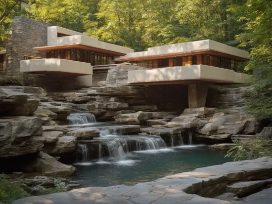 A photography showcase of Fallingwater, the iconic architecture by Frank Lloyd Wright located in Mill Run, Pennsylvania. Through the lens of Ansel Adams, using a 35mm lens, the scene captures the houseâs unique cantilevered terraces amidst the verdant forest. The color temperature exudes a cool blueish tint. No facial expressions as the primary focus is on the structure. Ambient light from the sun provides a gentle glow to the scene, casting soft shadows. The atmosphere is serene and timeless
Dive into the world of Photography that captures the essence of Frank Lloyd Wright's modern "Frank Lloyd Wright's modern style villa" with a focus on the architectural marvel of Fallingwater. Through a 35mm lens, witness the structure in intense clarity and sharpness. The image has a warm color temperature that highlights the building's iconic cascading forms. No facial expressions are present as the image focuses solely on architecture. The lighting is natural, with the sun casting soft shadows on the structure, giving depth and texture. The atmosphere feels serene and untouched by time
