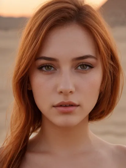 (waist up:1.2), (close up:0.7), (18 year old, a very beautiful French woman, IG_MODEL:1.2), sexy,  seductive eyes, perfect shaped face,  (detailed skin:1.1), makeup,  looking at viewer, (Sunset orange hair:1.1),  BREAK  (low cut designer top:1.2),  BREAK , Egyptian Pyramids: Standing in front of the ancient pyramids, desert expanse, in a dramatic, Cleopatra-inspired outfit. , soft lighting, bokeh, 