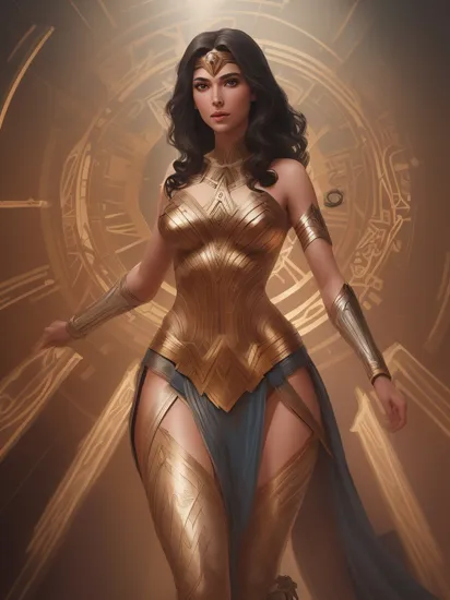 A ilustration of a greek goddes Wonder Woman, shot, centered, gold black color gel lighting, geometric shadows, glowing lights, symmetry, depth of field, intricate, elegant, highly detailed, digital painting, artstation, concept art, silver and white futuristic costume, smooth, sharp focus, illustration, as imagined by Greg Rutkowski and Borris vallejo.