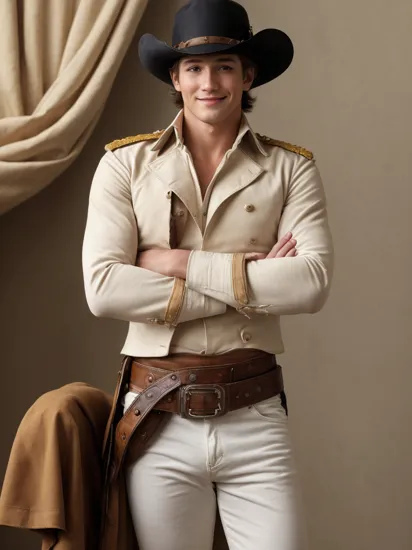 (masterpiece, best quality:1.2), , cowboy shot, solo, male focus, 1boy, napoleon bonaparte, muscular male, smile, looking at viewer, crossed arms, open clothes, military uniform, jacket, epaulettes, partially unbuttoned, white pants