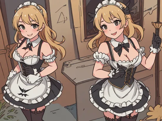 masterpiece, best quality, highres, hmfre, blonde hair, head wings, hair ornament, maid headdress, bow, bare shoulders, maid, cleavage cutout, black gloves, apron, garter straps, black thighhighs, idolmaster cinderella girls, , smile, standing, cowboy shot, arms at sides, straight-on, outdoors