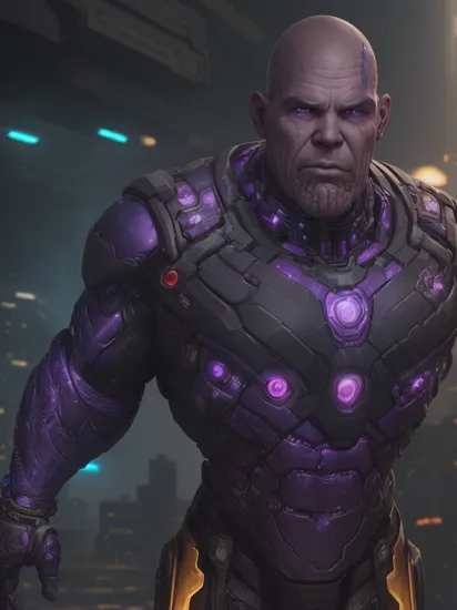 (bald Josh Brolin:1.1) as male (Thanos:1.1) marvel character (((having purple skin))) (wearing Thanos cybernetic edgerunner armor:1.5), (masculine male heavyweight figure:1.5), (reimagined in a cyberpunk universe), (cyberpunk style), (cyberpunk), (cyberpunk style thanos armour), bald, ((mechanical augmentation)), ((cybernetics)), glowing neon lights, cinematic scene, hero view, action pose, beautiful 8k, detailed background, masterpiece, best quality, high quality, absurdres, vivid, detailed skin texture, on a cyberpunk planet, (brooding:0.5), (goosebumps:0.5), subsurface scattering,   realistic eyes, golden ration, face and body in proportion,   