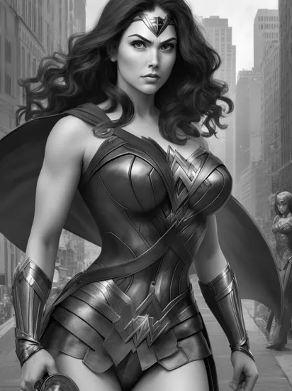 monochrome comics ,,Portrait,angry  wonder woman looking forward,theOldShadowRunStyles,masterpiece,best quality,high quality, backgound of new york  