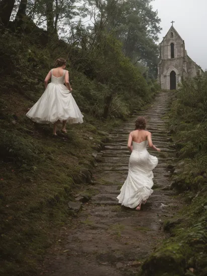 gritty raw street photography,  woman in wedding dress running up a Steep slope in a forest to an ((old ruined church)) in heavy rain at midnight, bare feet, view from back, ((dense fog, night sky)), (hyperrealism:1.2), (8K UHD:1.2), (photorealistic:1.2), shot with Canon EOS 5D Mark IV, detailed face, detailed hair, beautiful detailed hands