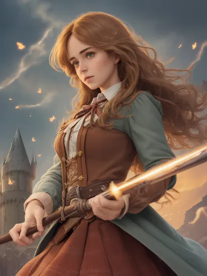 comic book style, flat shaded, flat colors cowboy shot of detailed face like Hermione Granger, adult woman standing in the castle grounds, hogwarts background, extremely detailed face, magical aura around hands, magic wand, performing magic, detailed bushy hair, feeling confident, elated, serious, detailed busy cluttered background, magical energy particulate, multiple colored floating runes, pixie dust, bloom