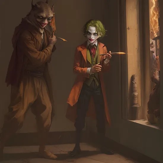 The Joker, jar jar binks, Beautiful Art Style, 1boy, fire, holding knife, looking at viewer, bun, prison, bent over, french costume   