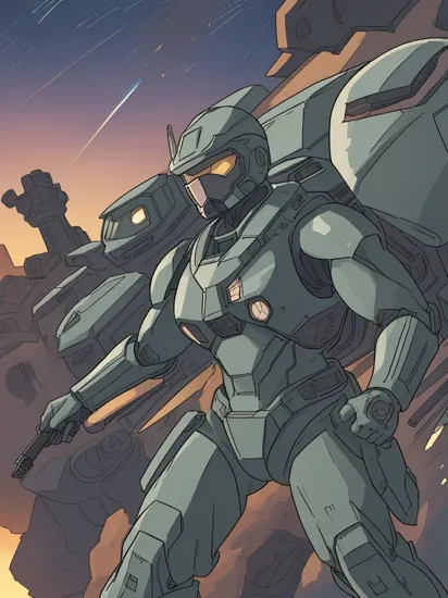 Anime, Master Chief, the super-soldier clad in Mjolnir armor, stands guard on a battle-ravaged alien planet, his figure imposing against the chaos. He valiantly shields a group of marines from a relentless Covenant onslaught. Plasma shots streak through the air, illuminating the twilight, with the iconic silhouette of a Halo ring discernible in the evening sky.